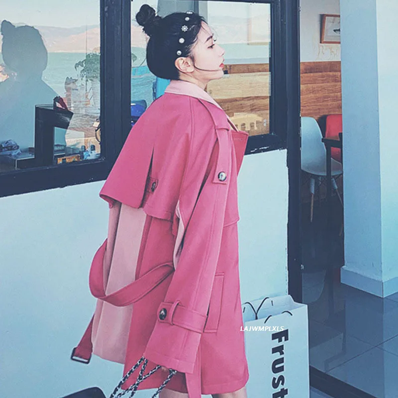 

Korean Style 2021 Spring autumn Pink Trench coat Women Casual Patchwork Color Short Windbreaker with belt