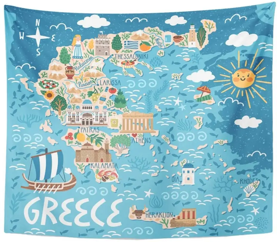 

Artwork Wall Hanging Map of Greece Travel with Greek Landmarks Building Plants and Traditional Food Tapestries