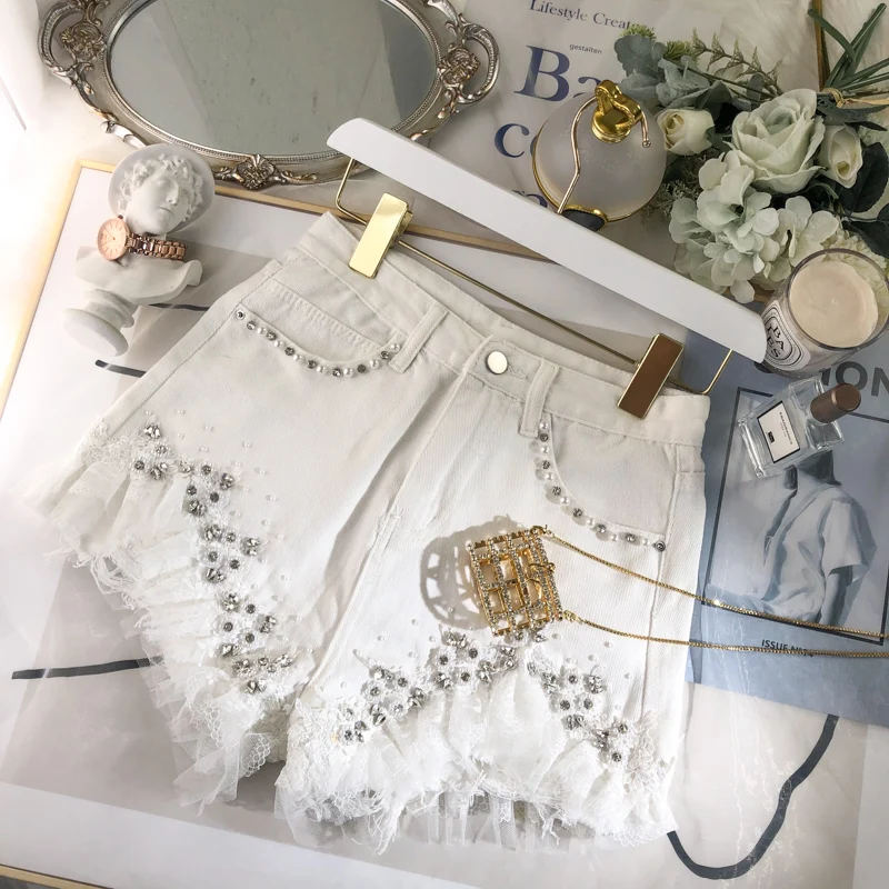 

2021 Spring Summer Beads Lace Stitching High Waist Women Denim Shorts New Fashion White Ladies Jeans Wide-Leg Short Pants