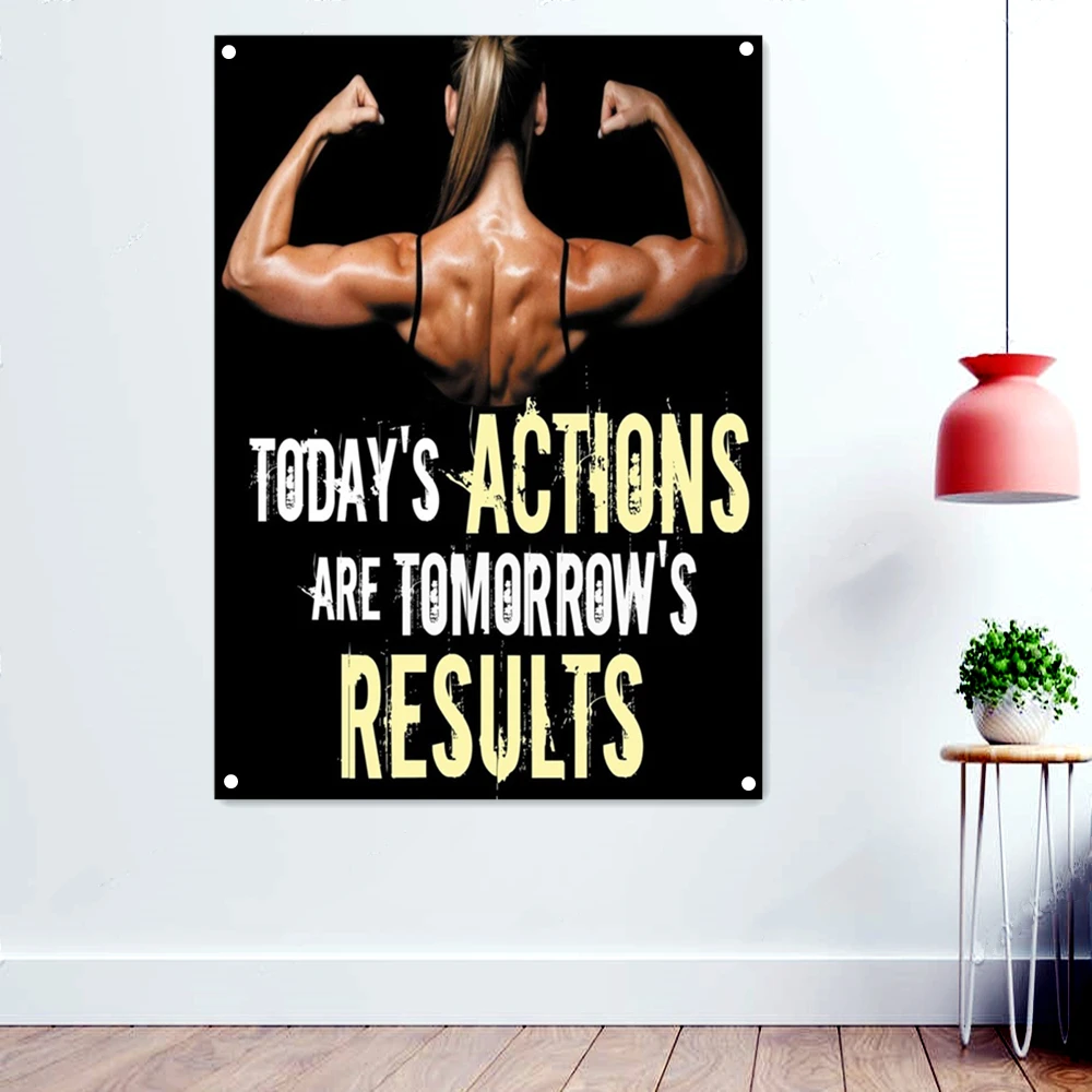 

TODAY'S ACTIONS ARE TOMORROW'S RESULTS, Workout Motivational Poster Banners Flags Female Bodybuilder Back Wallpaper Gym Decor
