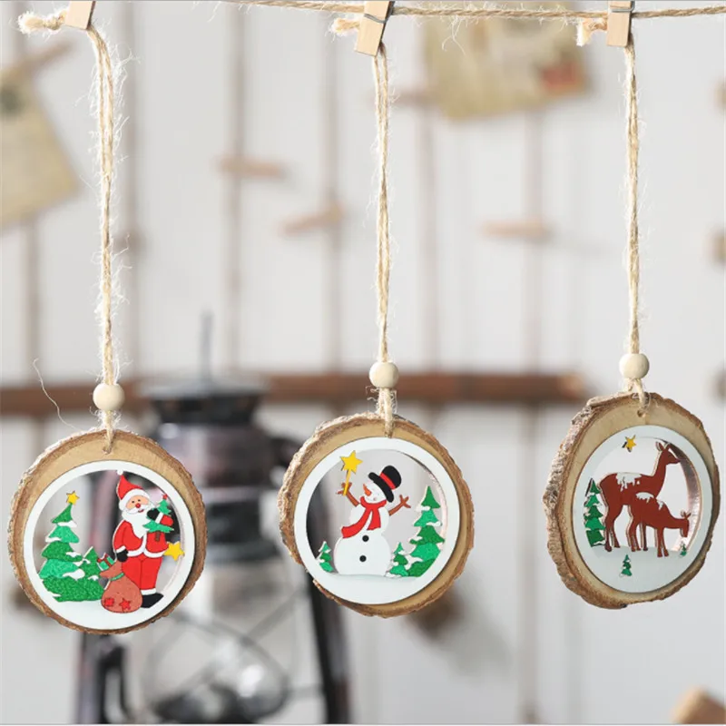 

New Christmas Decorations Round Wooden Hollow Pendant Santa Claus Snowman Elk Ornaments Xmas Pendants 2022 Navidad Kerst Noel