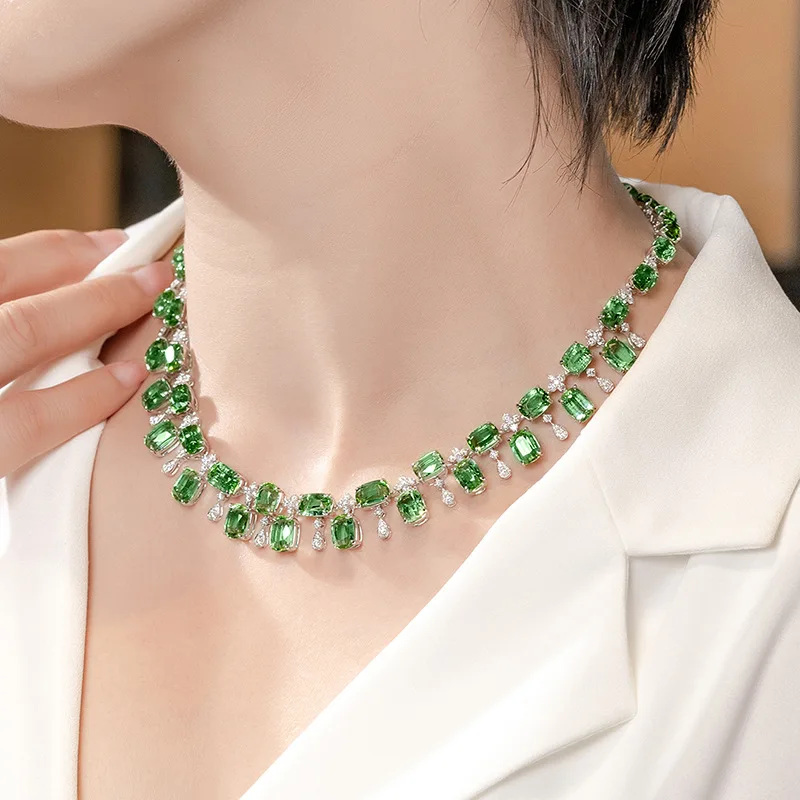 

NEW Simulation Green Tourmaline Choker Necklace For Women Wedding Accessories Silver Color Chain European Design Chokers Jewelry