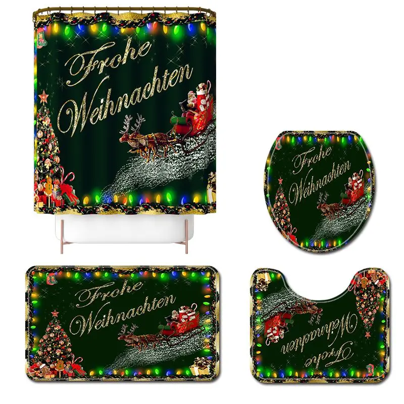 

Christmas 3D Digital Printing Bathroom Happy Shower Set Bathroom Base Mat Toilet Shower Curtain Mat Floor Mat
