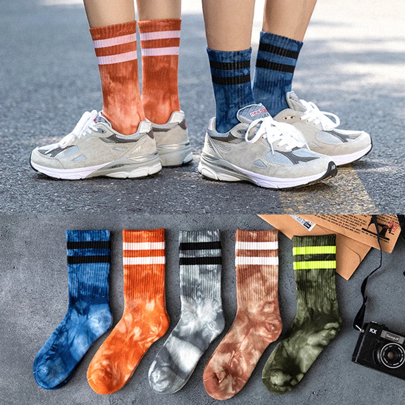 

Fashion Trend Men Socks Women Cotton Colorful Two-Bar Tie-dye Harajuku Skateboard Sock Funny Street HipHop Happy Weed Tube Socks