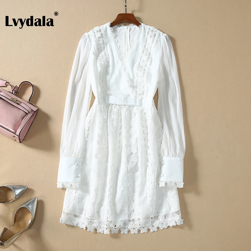 Lvydala дизайнерские подиумные платья женские длинный рукав v образный вырез