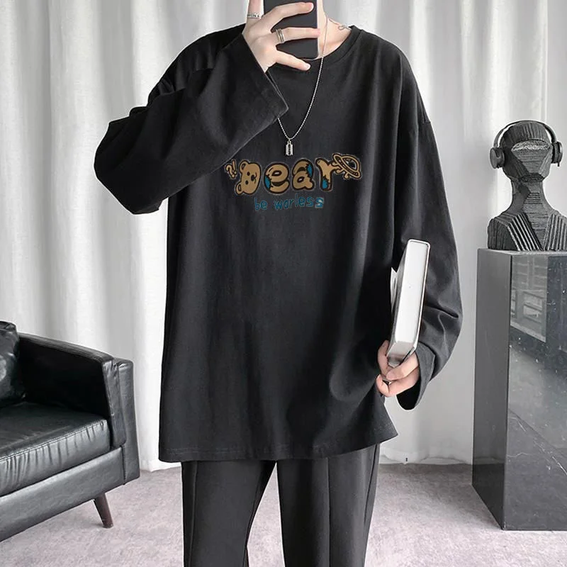 

All-Match Hip Hop Long Sleeve Men Tshirt Cartoon Bear Fashion Cartoon Print Oversized Student Casual Tops Streetwear Black White