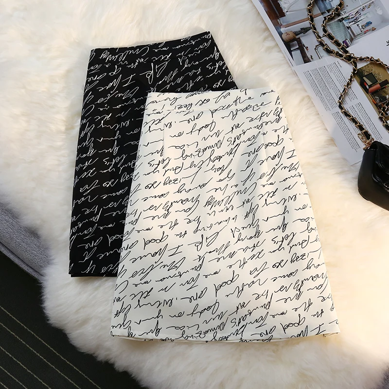 

Letters Printed Mini Korean Fashion High-Waisted Vintage Spring Autumn Summer Women'S Clothing Skirts Vetement Femme 2021