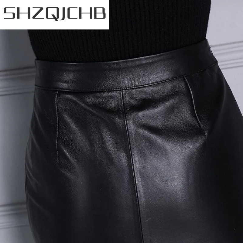 

JCHB 2021 Autumn Lace Up Front Women Knee Length Skirt Designer Black Sexy Slit Wrap Skirt High Waist Real Leather Skirt for Wo