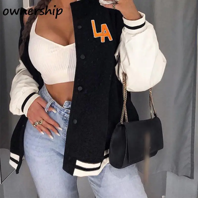 

Hip Hop Black Round Neck Women Bomber Jackets Fashion Embroidery Print Single Breasted Female Baseball Coats Long Sleeve Clothes