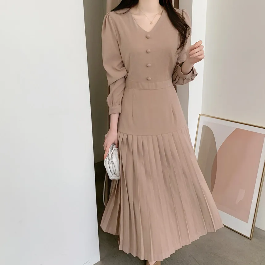

2021 Chic Spring V-neck Women's Long Dress Casual Pleated Clothes Female Office Lady Black Dresses Ladies