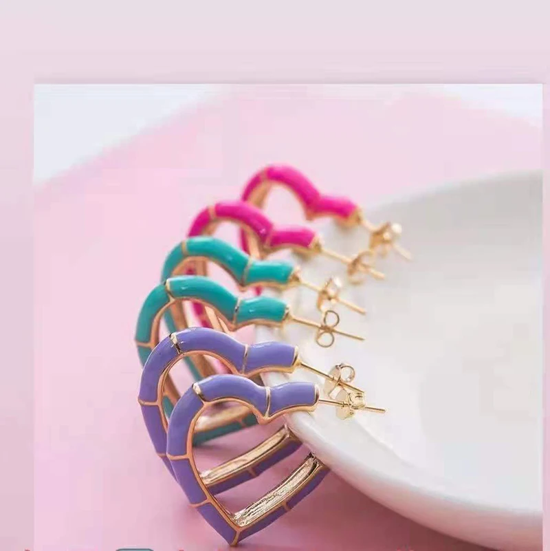 

Women Gold Color Heart shape Gold Colorful Enamel Hoop Earring