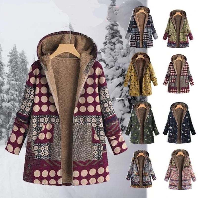 

Vintage Ethnic Style Hooded Jackets Women Winter Warm Floral Printed Pockets Zipper Outwear Fleeces Lining Casual Loose Coats