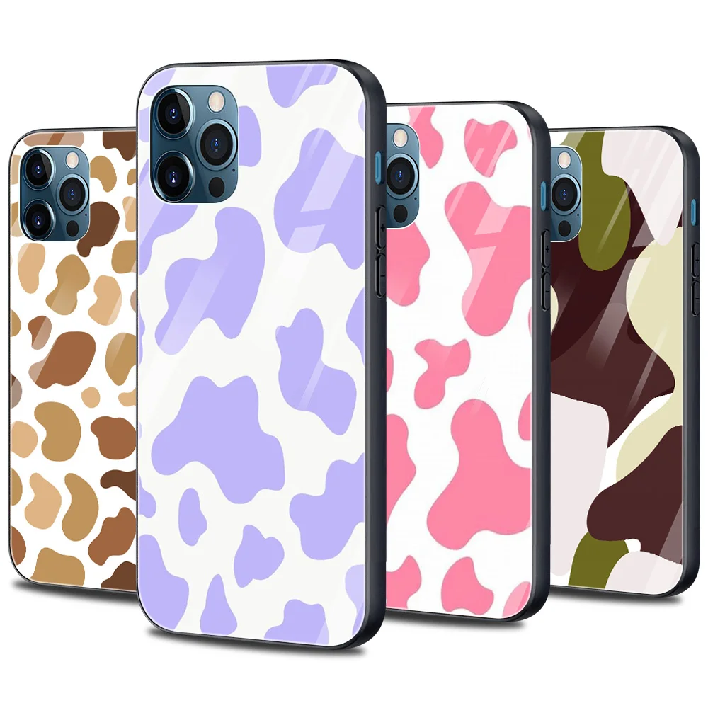 

Tempered Glass Phone Case For iPhone 12 11 Pro Max Shell For iPhone Xs Max XR XS 7 8 Plus 11 Pro Lavender Cow Print