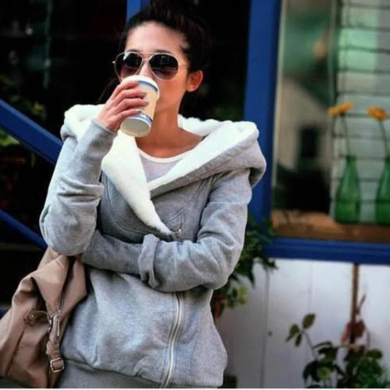 

2021 Korea Women Hoodie Jacket Coat Warm Outerwear Hooded Zip