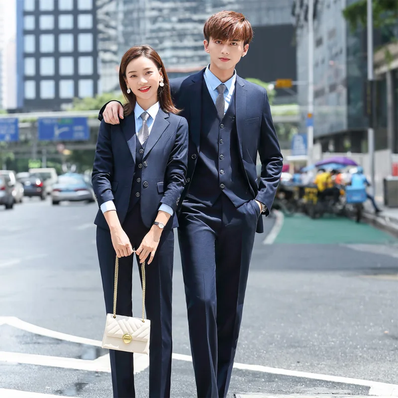 IZICFLY Autumn Office Ladies Uniform New Style Dark Blue Business Colleague Lovers Couple Men Women Suits With Pant Work Wear
