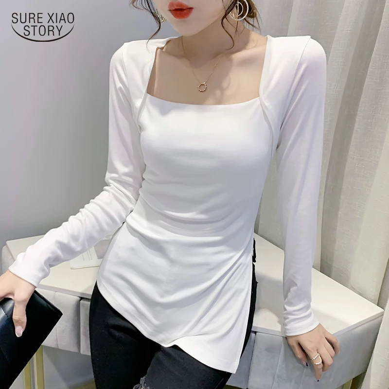 

Casual Leopard Square Collar White T-shirt Streetwear 2021 Autumn Long Sleeve Shirt Fashion Slim Black Tops Blusas Elegant 17037