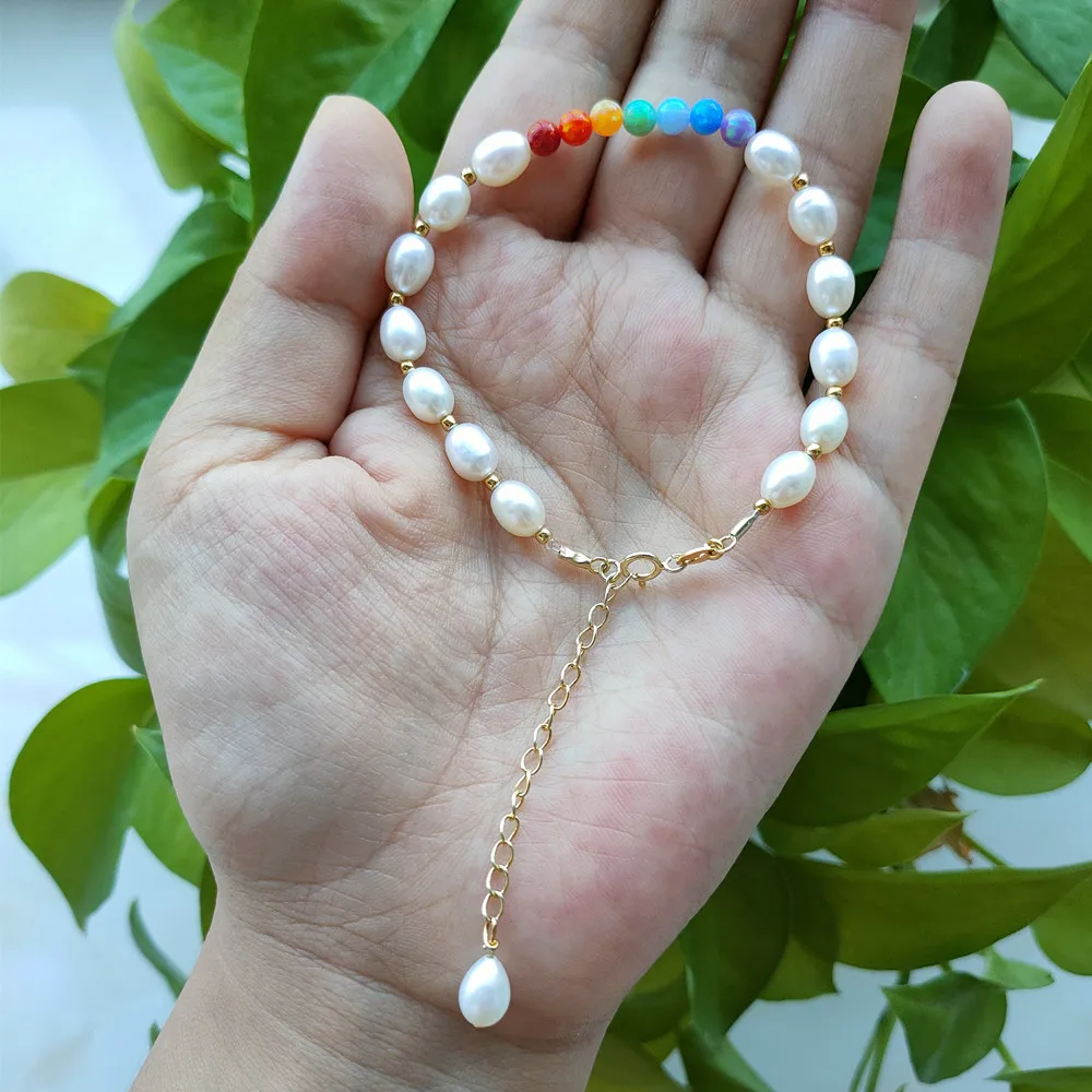 (1pc/lot)Rainbow colors 4mm Opal Bead with Pearl Bracelet 925 Silver Gold 7 opal Round Balls Synthetic Bracelets gift - купить по
