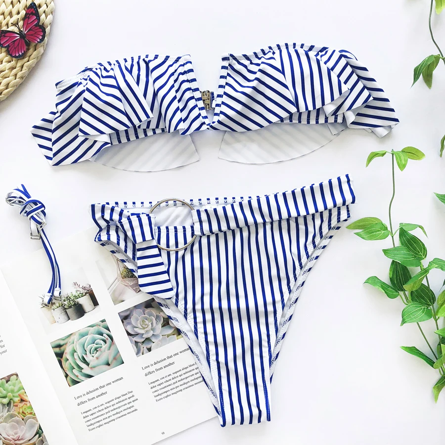 Купальник бикини в полоску с оборками и высокой талией|Комбинезоны| |