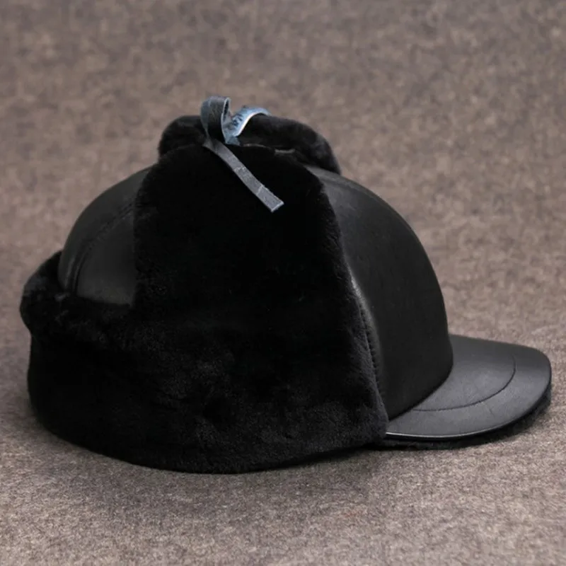 XdanqinX Winter Men Genuine Leather Cap Thick Velvet Bomber Hats Sheepskin Leather Hat Men's Warm Earmuff Caps Old Men Dad's Hat