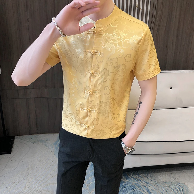 

Buckle Shirts Mens Mandarin Collar Shirts Gold Tamron Printed Shirts For Mens Chinese Style Clothing Stand Collar Dragon Printed