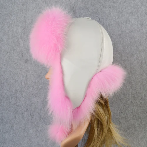 pink Женская шапка из натурального Лисьего меха, зимняя шапка-ушанка, шапка-бомбер, шапка для русской снежной погоды, Толстая теплая меховая шапка из натуральной кожи для девочек - Цвет: pink