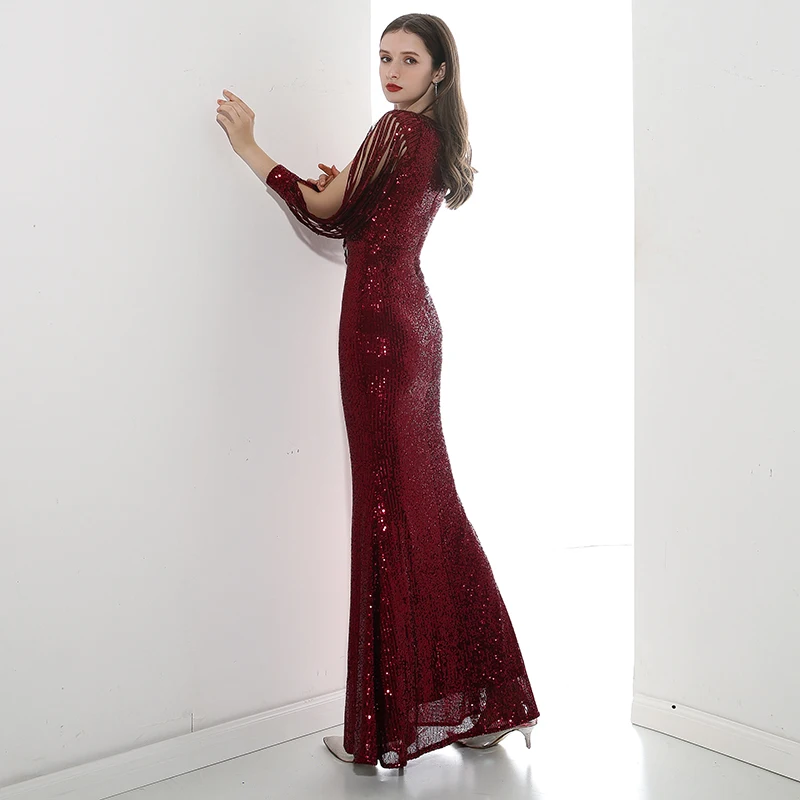 

Women's long formal prom evening dress Plus size sequined mermaid wedding party dress sexy V neck burgundy cocktail party dress