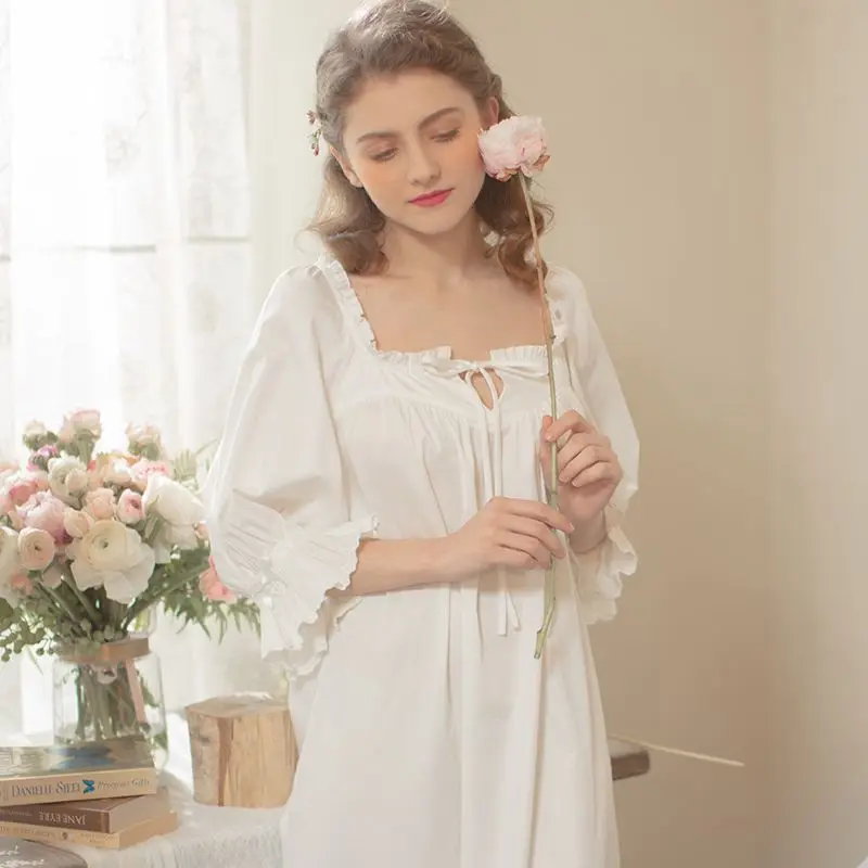 

Hanxiuju Vintage Cotton Long Sleepwear For Lady Spring Summer Loose Nightgowns Elegant Sweet Princess White Night Dress