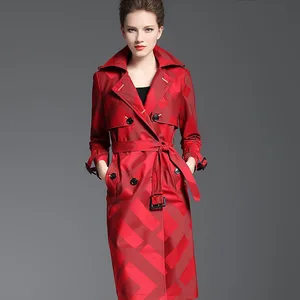 Женский тренчкот, весна-осень, женское качественное длинное клетчатое пальто с поясом и пуговицами на талии, женское Красное тонкое пальто