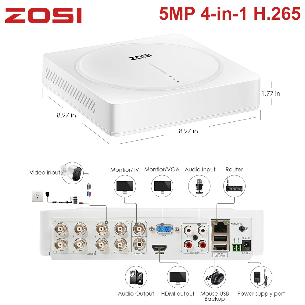 ZOSI 5MP 8 каналов 2560x1920 безопасности Видео камера системы видеонаблюдения DVR без жесткого диска