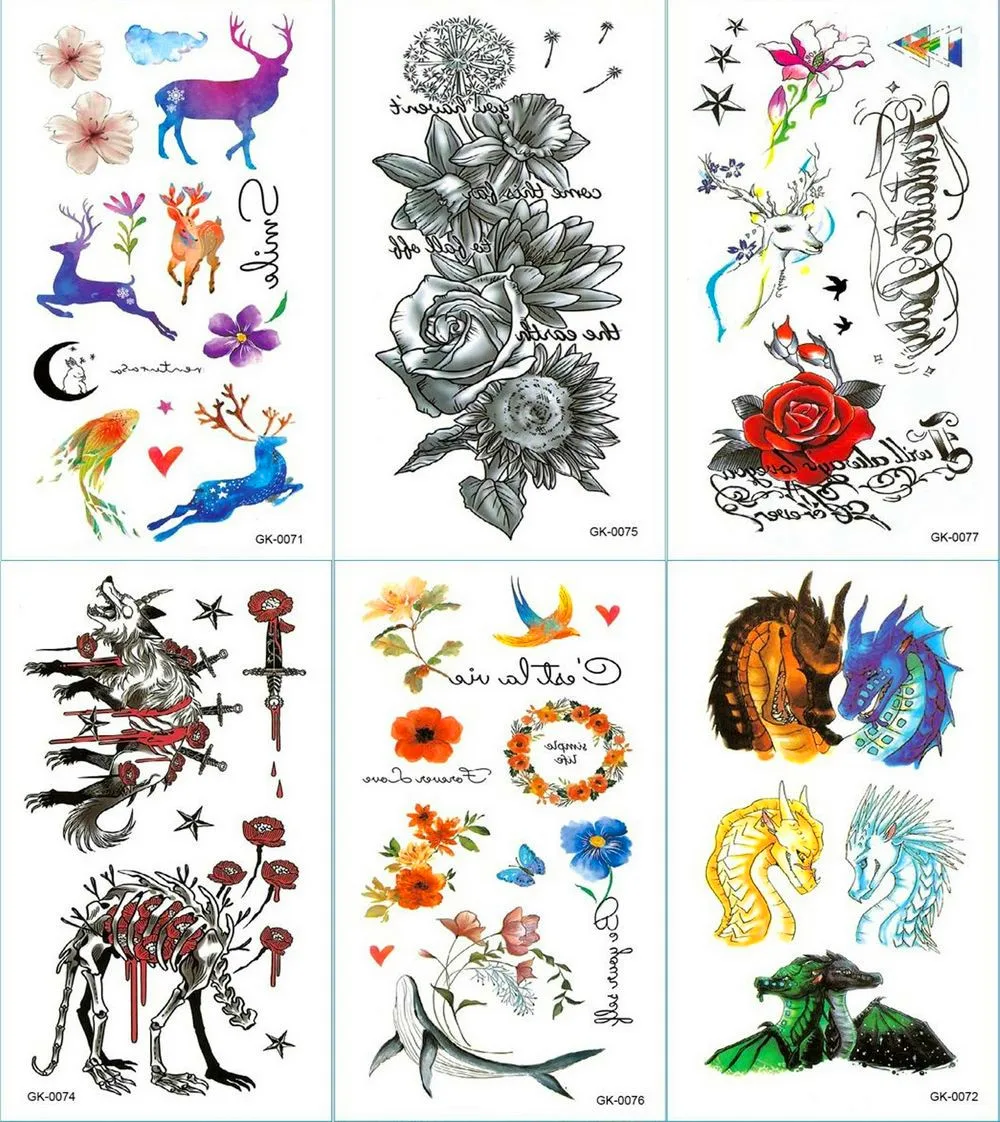 Временные тату Стикеры с розовым и черным цветком объемные татуировки волка Сика