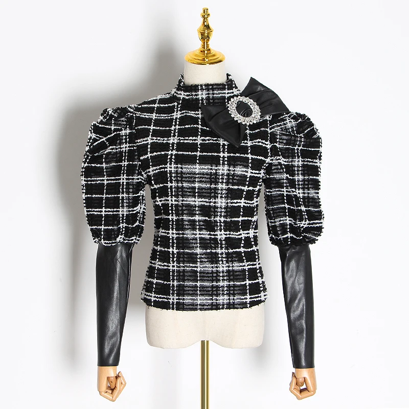 Лоскутные с бантом из искусственной кожи клетчатые блузки со стоячим воротником