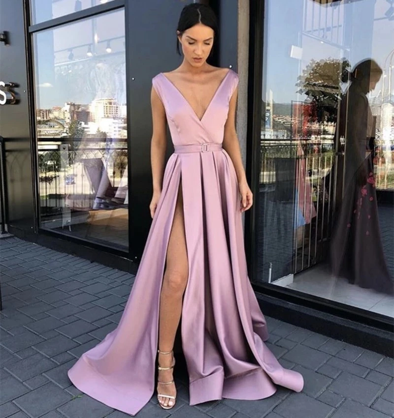 

Fashion Pink Deep V-Neck Sleeveless A-Line Side Split Court Train Satin Pleated Long Women Prom Dresses Party Gown For Prom