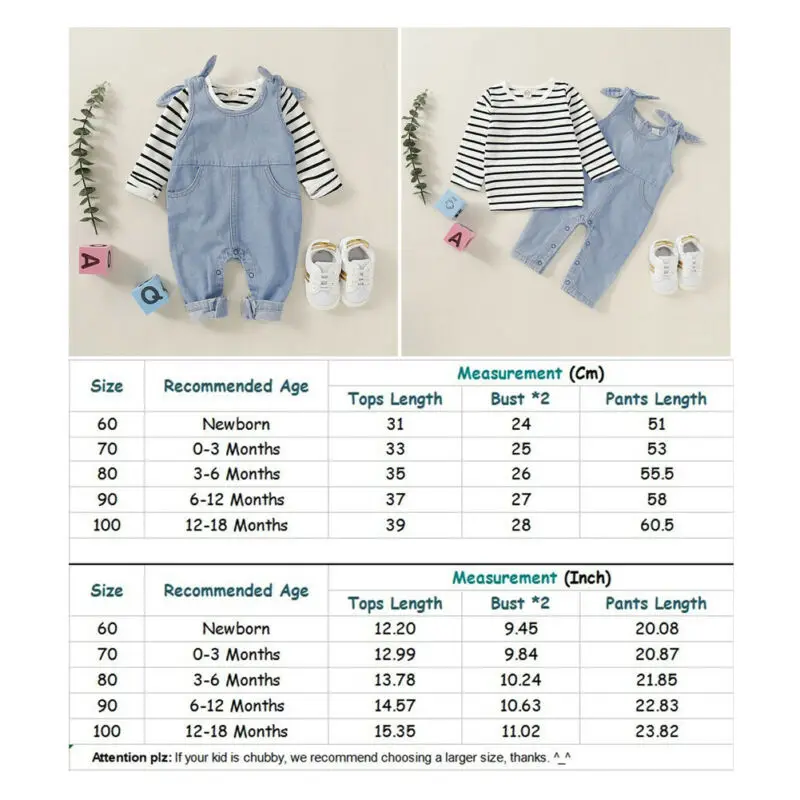 

PUDCOCO Newborn Infant Baby Boy Girl Long Sleeve Striped T-shirt Denim Bib Pants Overalls Outfit Clothes