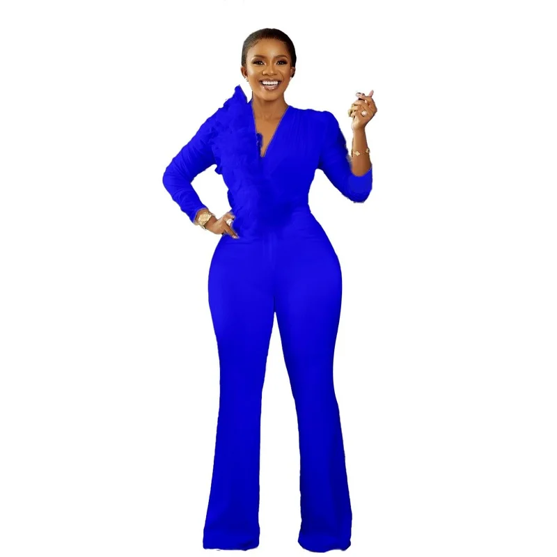 

African Clothes for Women 2021 Spring and Summer African Women Long Sleeve V-neck Solid Color Long Jumpsuit