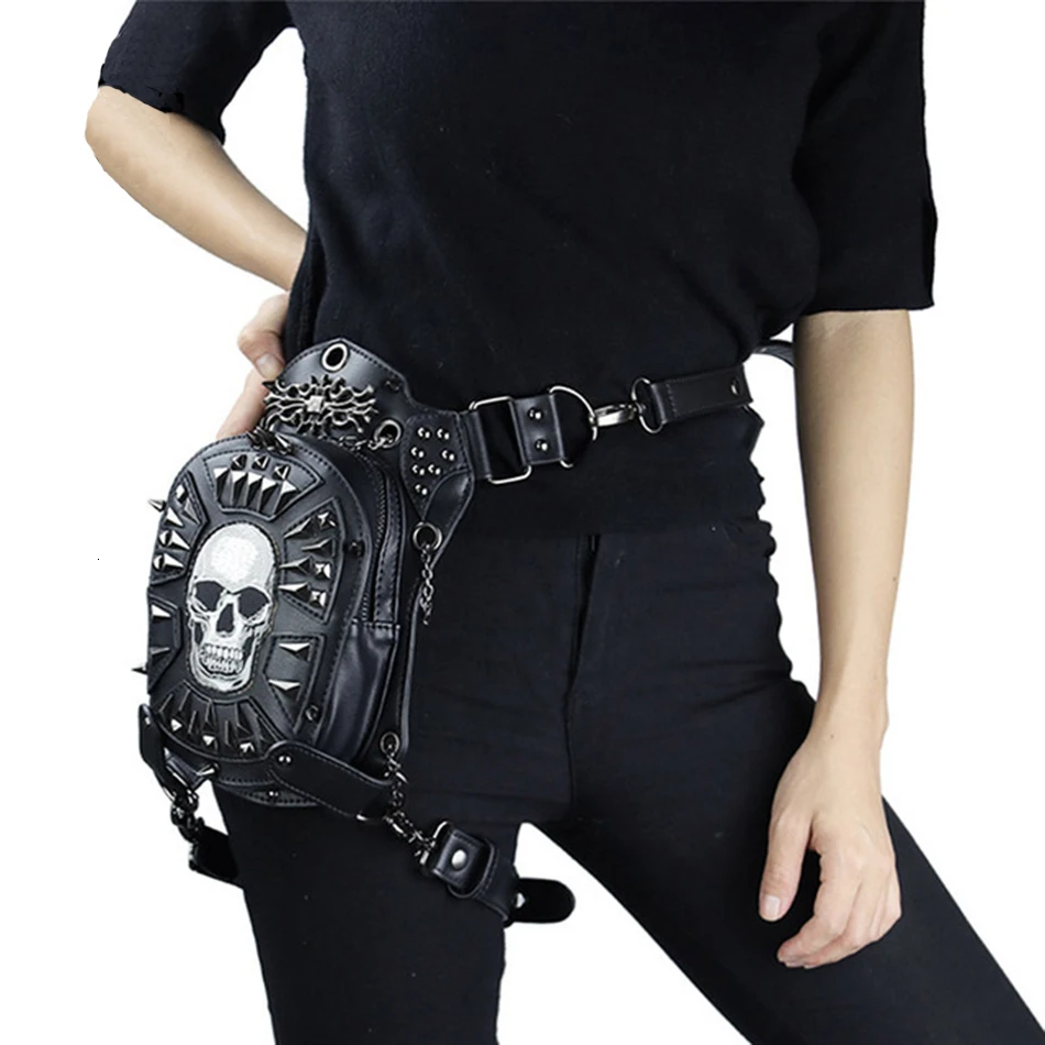 

Creative Skull Waist Bag For Women PU Leather Dark Black Fanny Packs Various Usage Femal Women Pouch