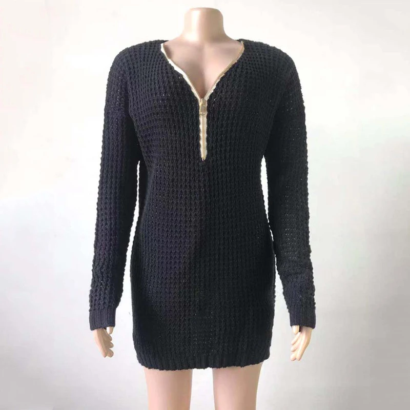 Женское трикотажное платье-свитер с v-образным вырезом длинный теплый свитер