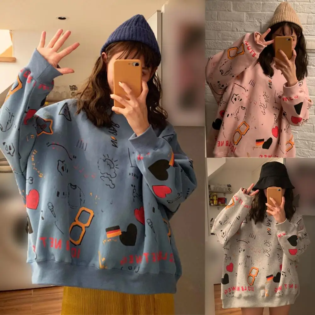 Hoodies Women Cute Print Loose Long Sleeve O Neck All Match Pullover Sweatshirt Tops Blue	M-2XL Women Clothing 2021