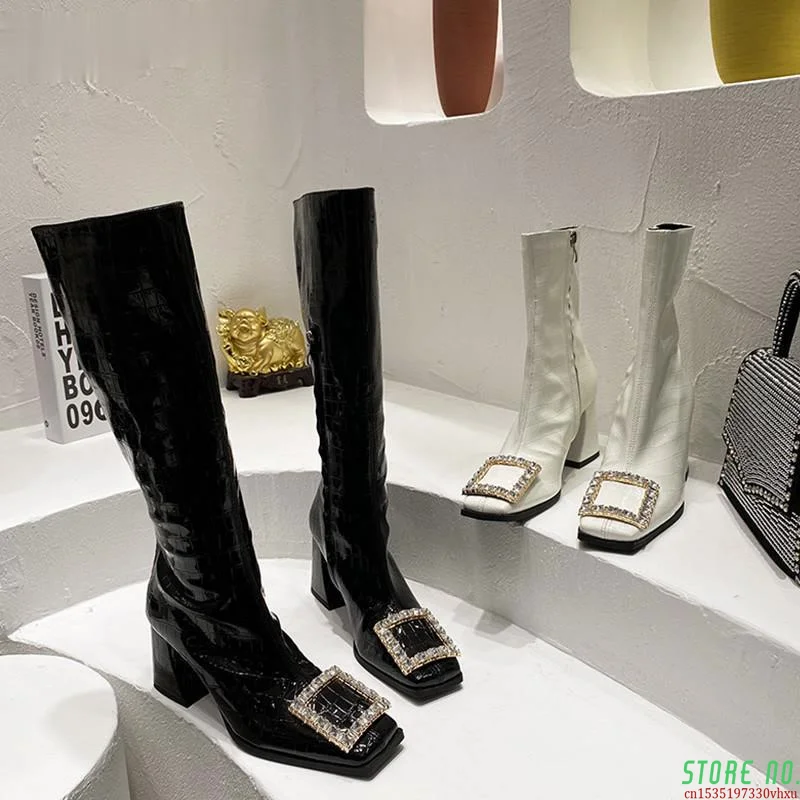 

Star Style Patent Leather Stone Pattern Women Boots Luxury Rhinestones Buckle High Heels Autumn Winter Warm Zip Knee-High Boots