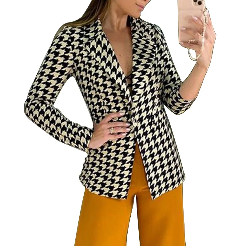 

Autumn Fashion Show Women Blazer Long Sleeves Bird Lattice Lapel Neck Coats Pockets Office Lady Suitable Lady Street Wear S-XL