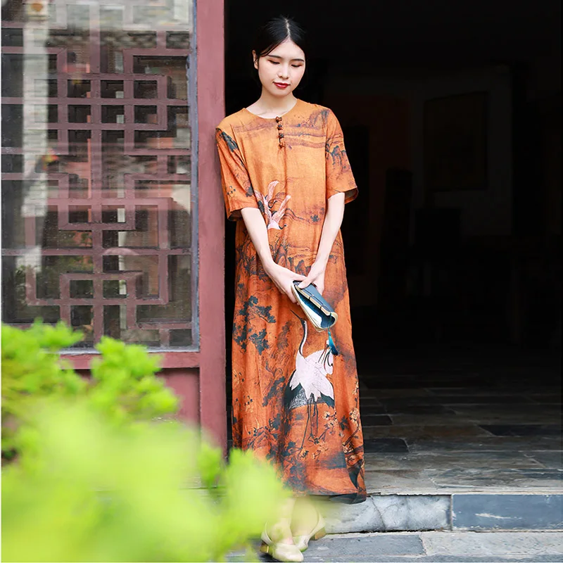 Hisenky 2019 Summer Chinese Style Dress Retro Ink Crane Printing Cotton Linen Women Dresses Slim Elegant Long Vestidos | Женская одежда
