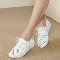 genuine leather ladies flats sneakers shoe women casual loafers shoes female hollow moccasins white lace up canvas boat shoes