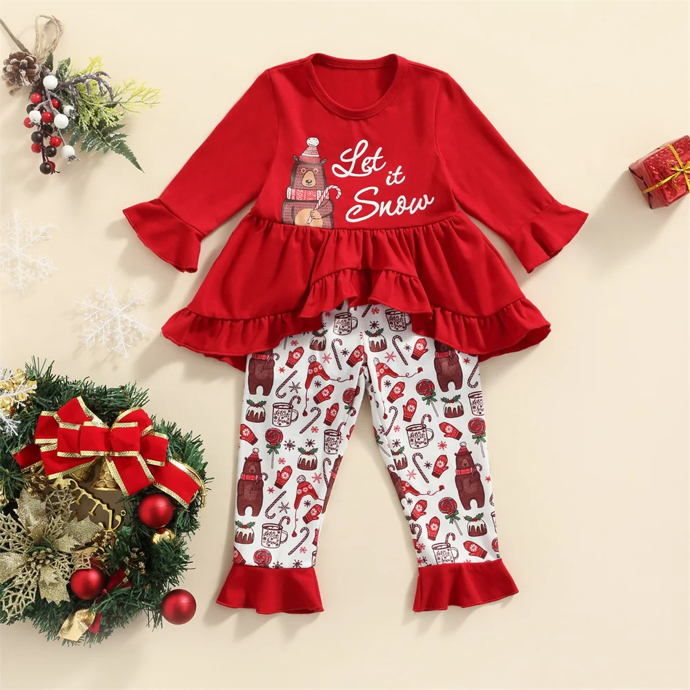 

Christmas Girls Casual Two-piece Clothes Set Red Printed Pattern Round Collar Pullover Flared Trousers