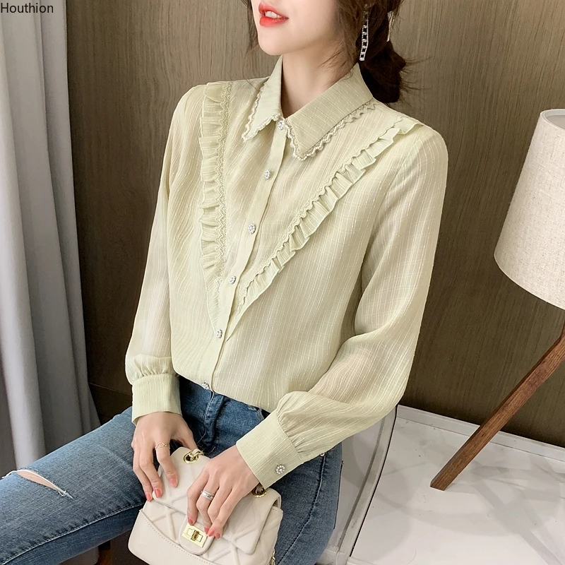 

Houthion Silk Women's Blouses Fashion Casual Blouse Lace Chiffon Long Sleeved Shirt New Korean Style Solid Top