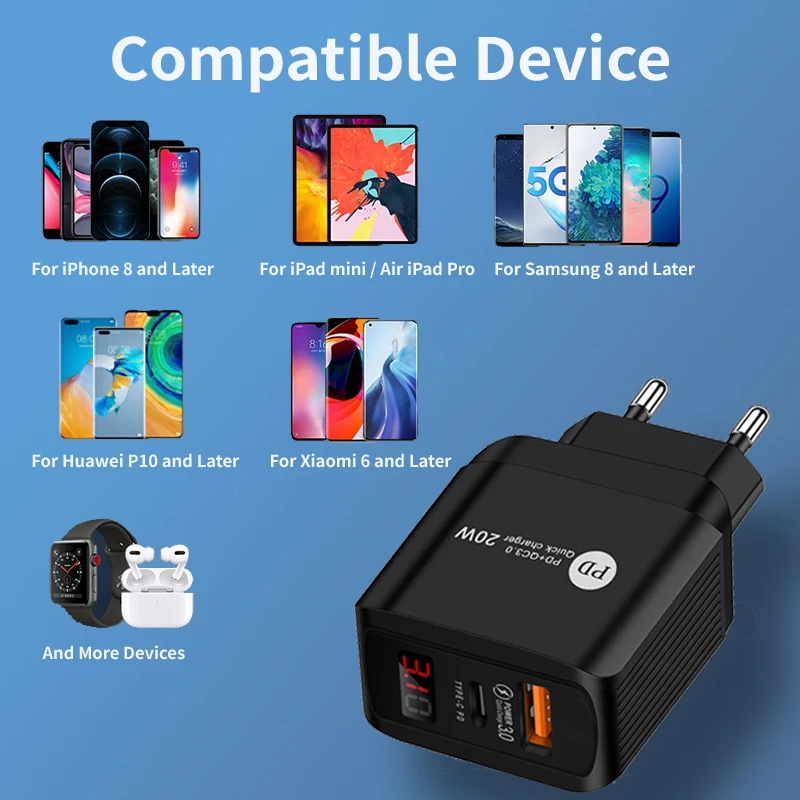 Зарядное устройство AIXXCO PD 20 Вт USB Type-C EU адаптер быстрая зарядка телефона для iPhone 12