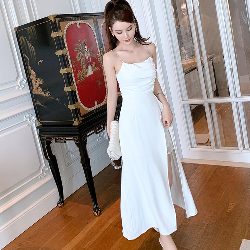 

Fashion French Vintage Sexy Strap Sleeveless Maxi Party Dress Ladies Elegant Coffee Break Lace Patchwork Rhinestone Beach Dress