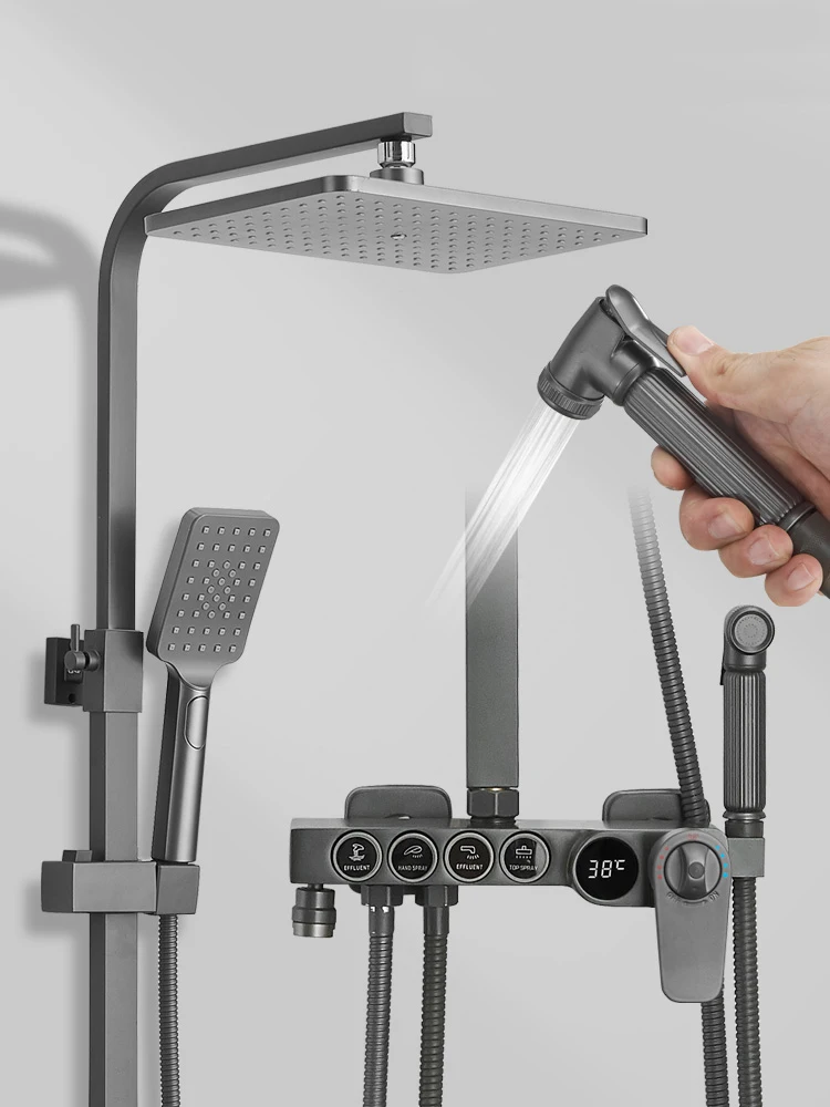 Niuqi Shower Set Bathroom Faucets Set Wall-mounted Hot Cold Shower System LED Digital Shower Set Gray Bath Faucet Shower Head