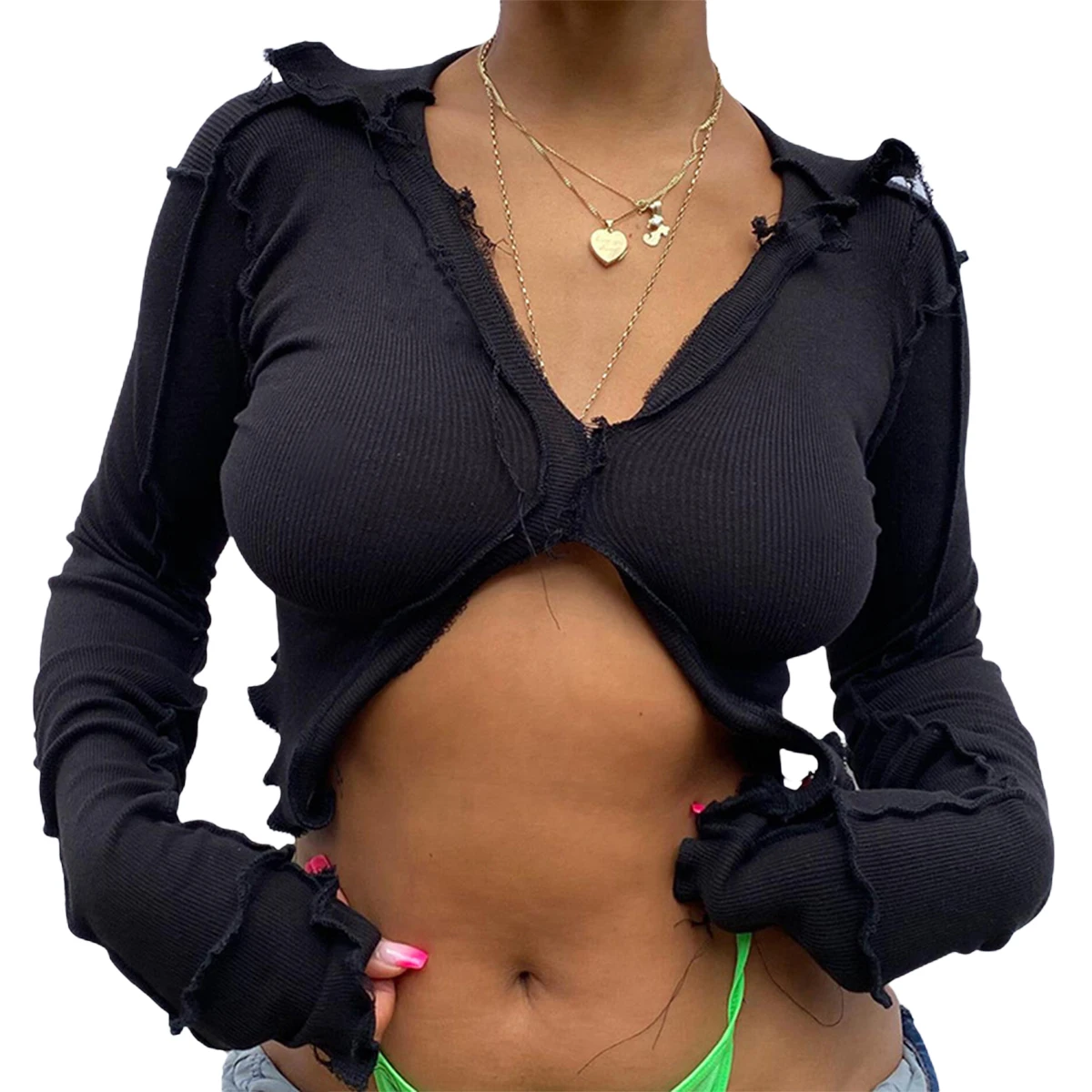 

2021 Autumn New Patchwork Broken Design Mesh Crop Top For Women Punk Style Long Sleeve T-shirt Street Casual Wear Tees Female