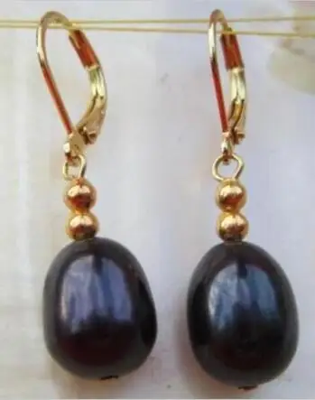 

Free shipping Huge charming AAA+ 8x10mm Black Pearl Earring 14K/20 YELLOW HOOK