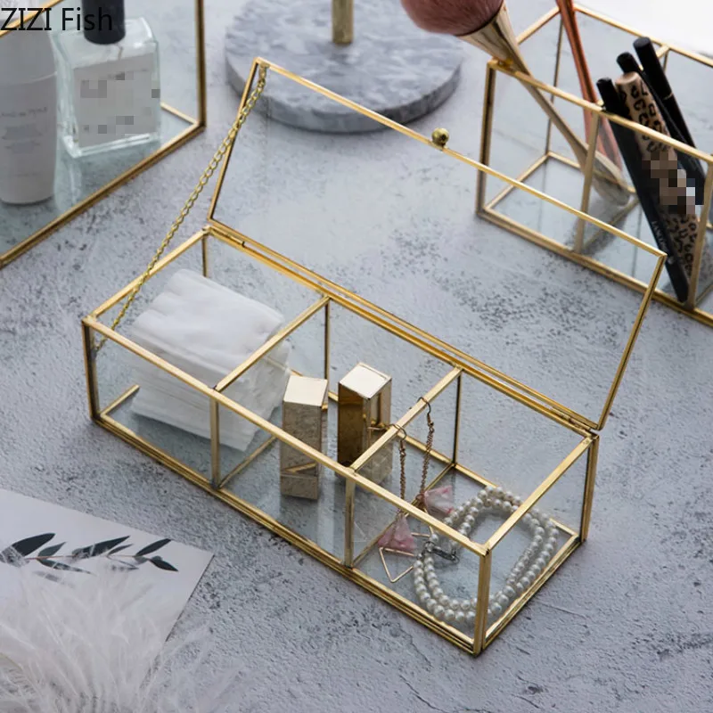 Стеклянная коробка для хранения косметики с медными краями губная помада маска