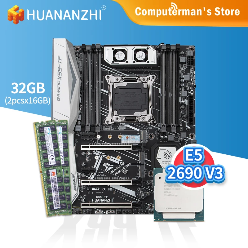 HUANANZHI-kit combinado de placa base X99 TF, CPU Intel XEON E5 2690 V3, Memoria 2x16 GB DDR4 RECC 2133, Memoria M.2 NVME USB3.0 ATX